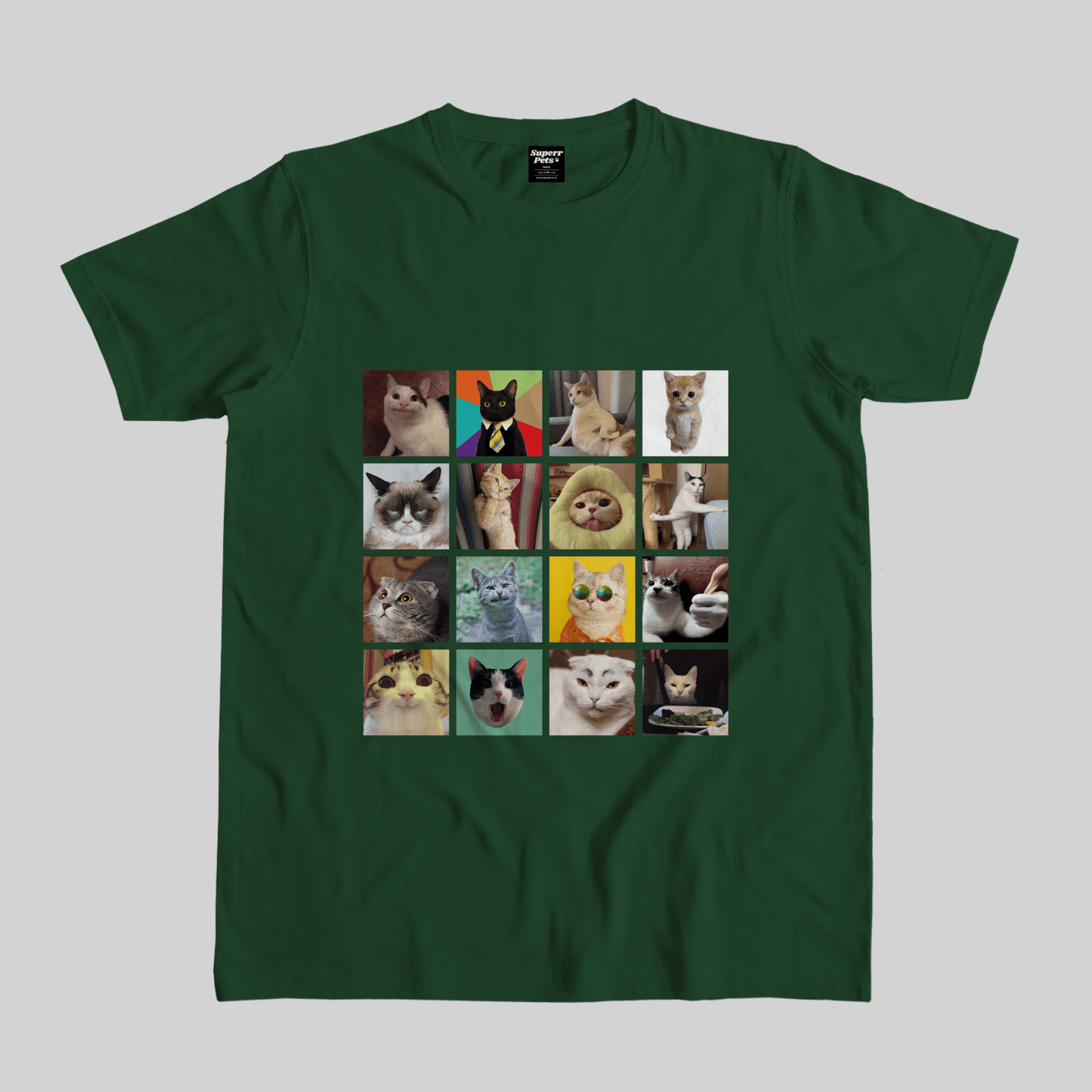 Superr Pets Casual T-Shirt Pet Meme Casual T-Shirt / Bottle Green / S Cat Meme Faces | Pet Meme Casual T-Shirt