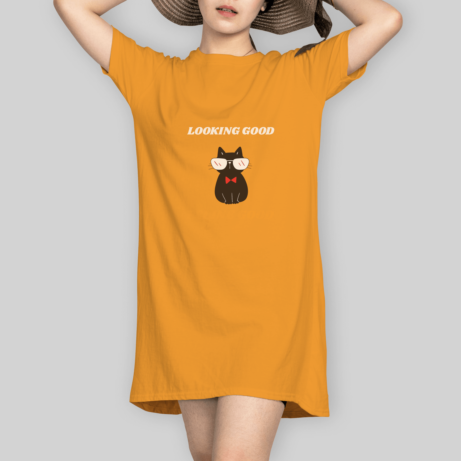 Superr Pets T-Shirt Dress T-Shirt Dress / Golden Yellow / S Looking Good Feline Good | T-Shirt Dress