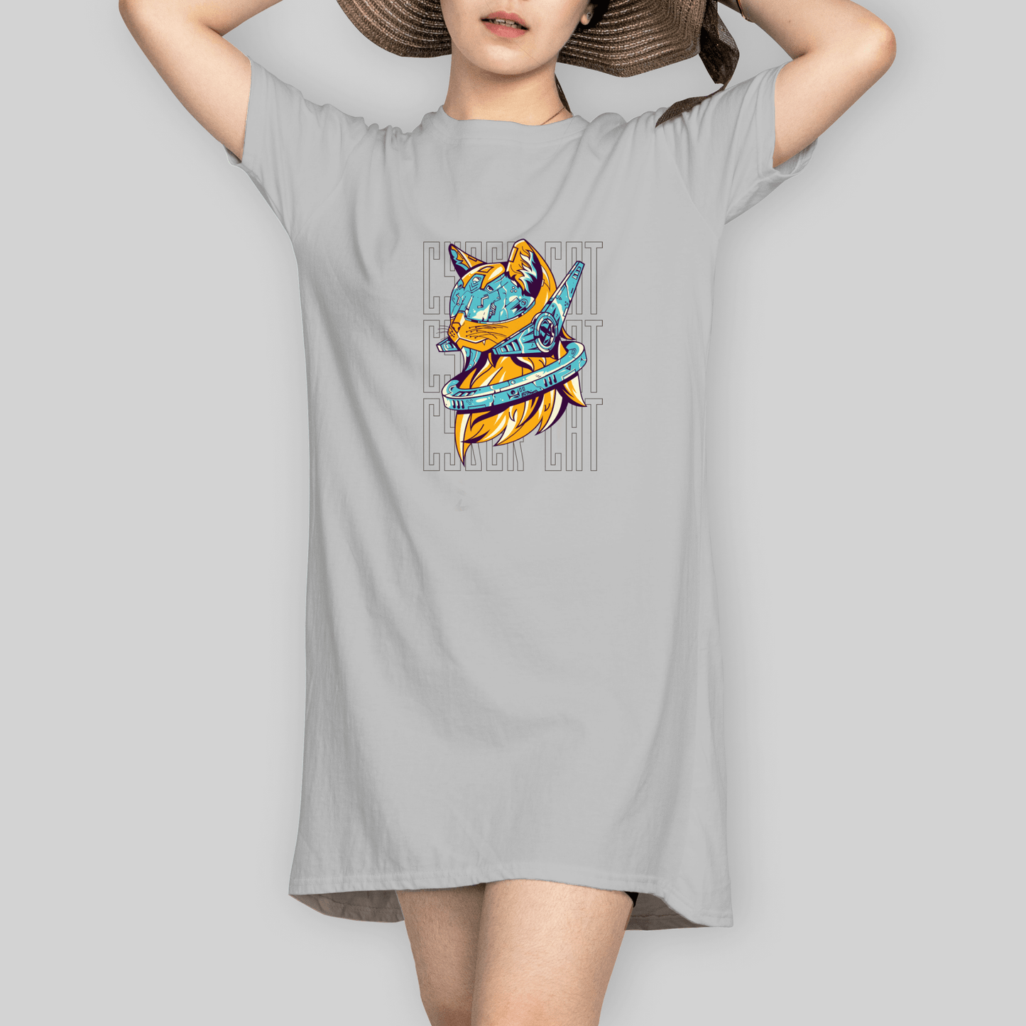 Superr Pets T-Shirt Dress T-Shirt Dress / Grey Melange / S Cyber Cat | T-Shirt Dress