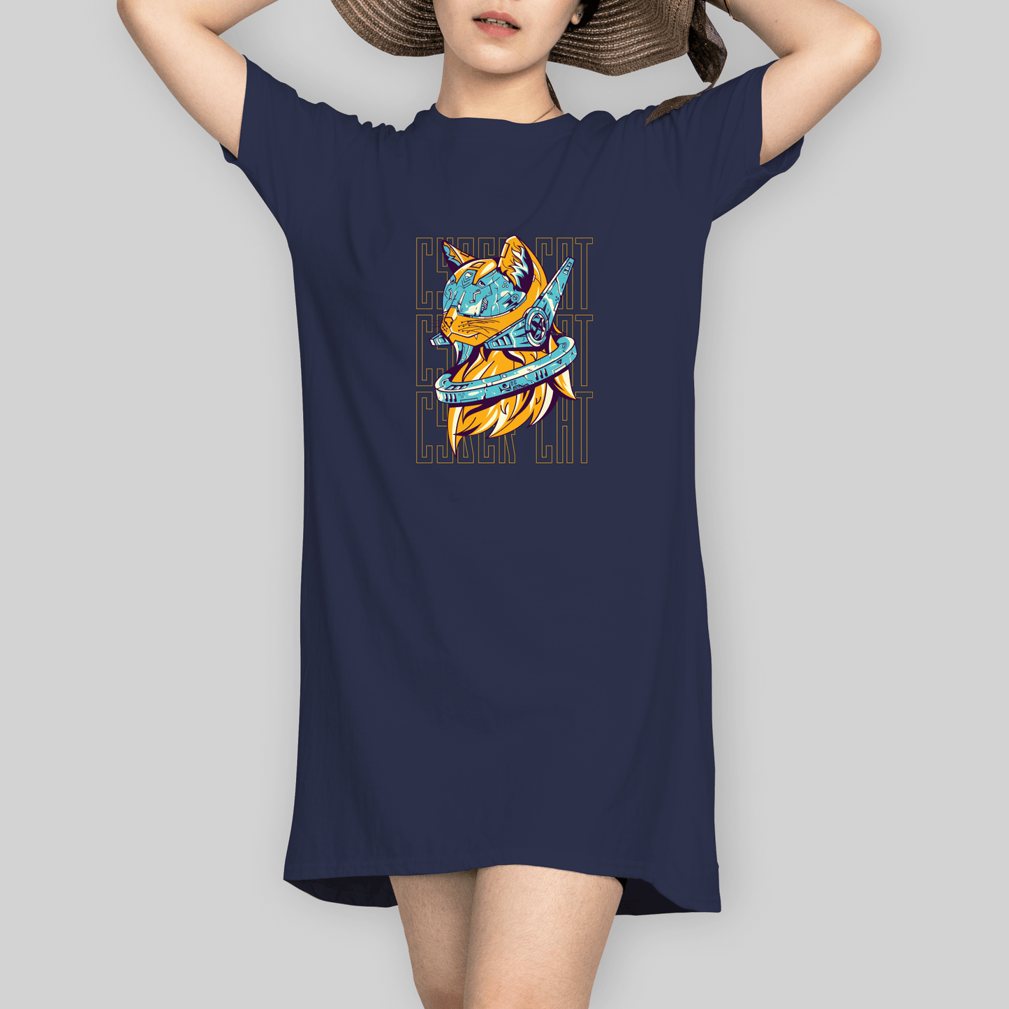 Superr Pets T-Shirt Dress T-Shirt Dress / Navy Blue / S Cyber Cat | T-Shirt Dress