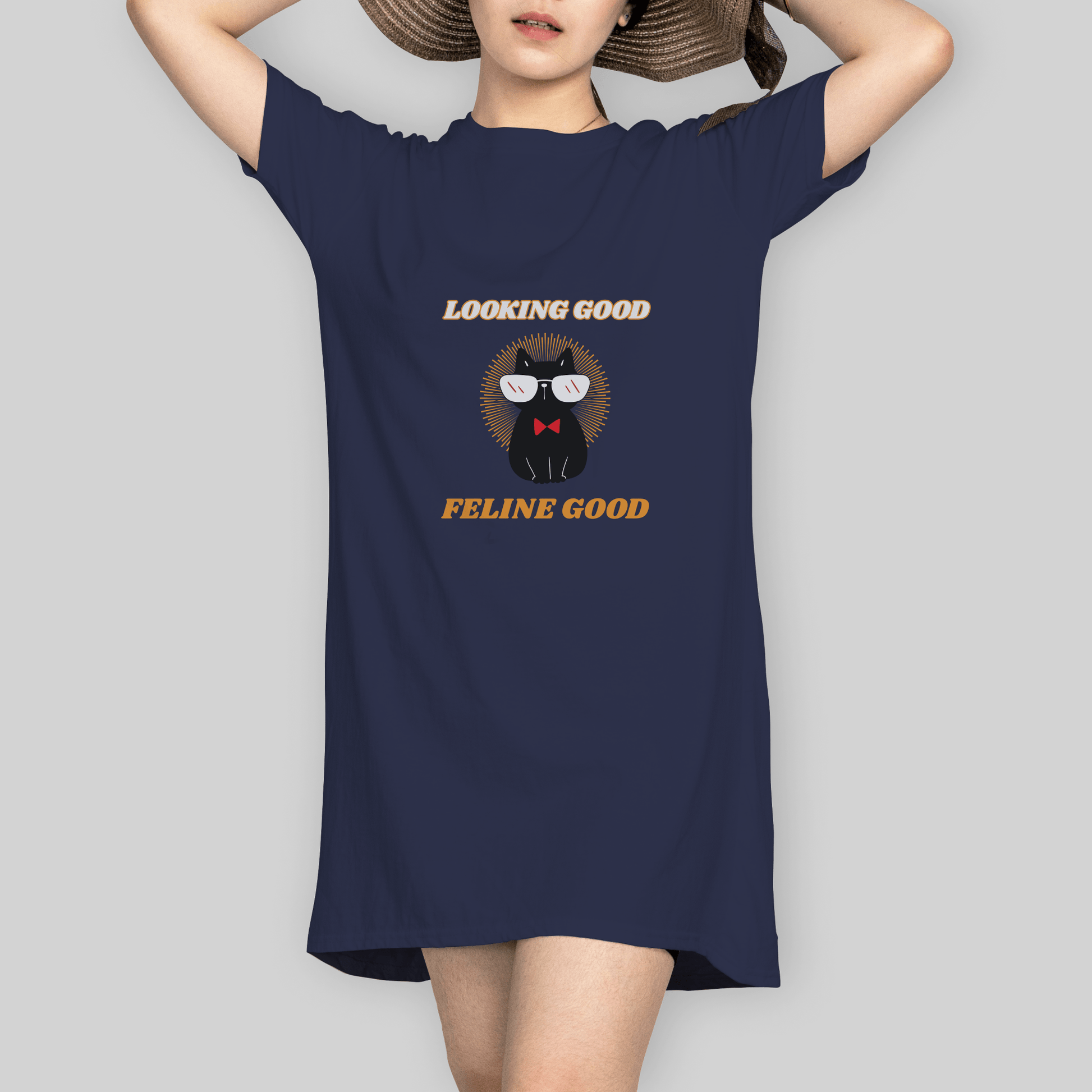 Superr Pets T-Shirt Dress T-Shirt Dress / Navy Blue / S Looking Good Feline Good | T-Shirt Dress